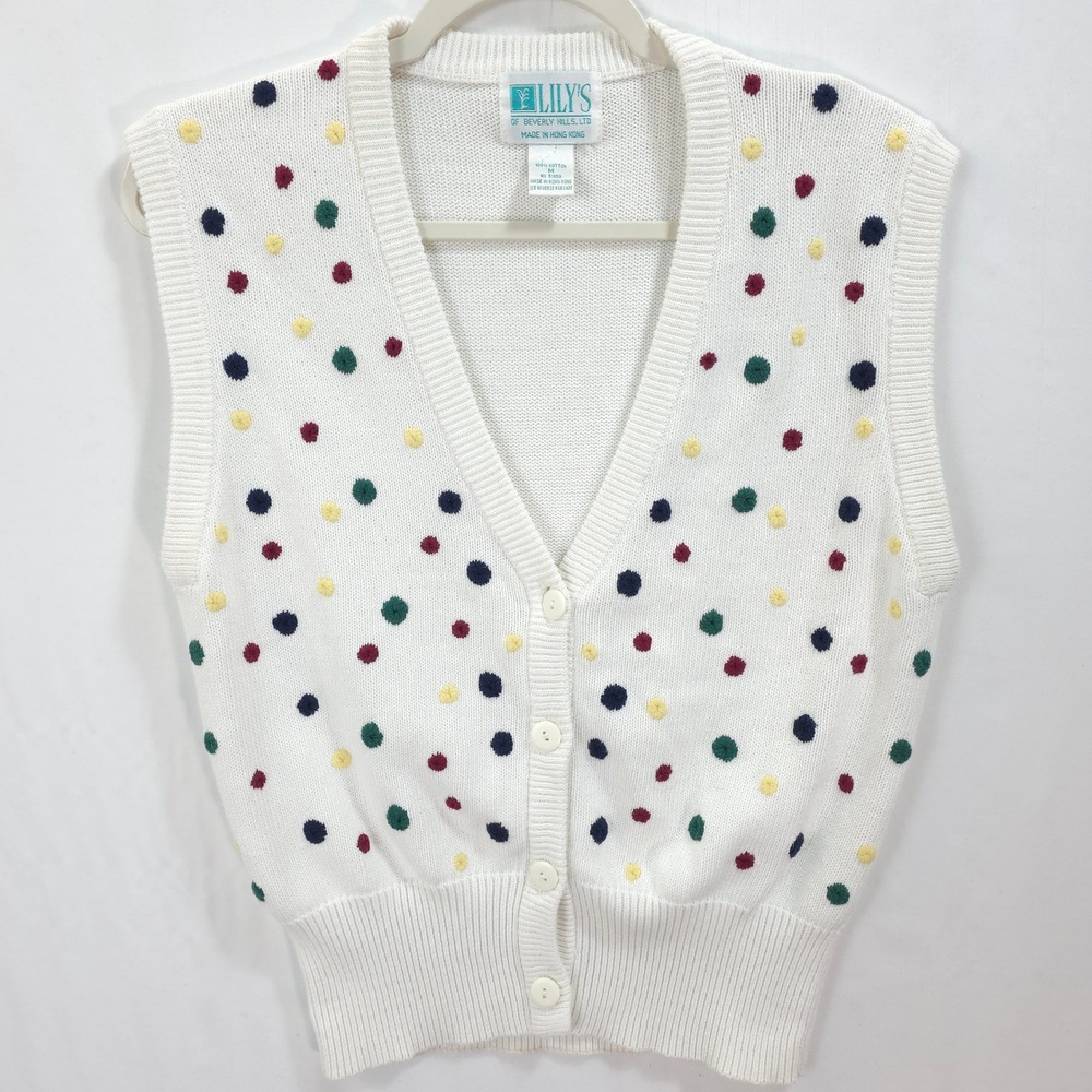 Lilly's Beverly Hills Vtg Polka Dot Sweater Vest White Cotton Button Front M